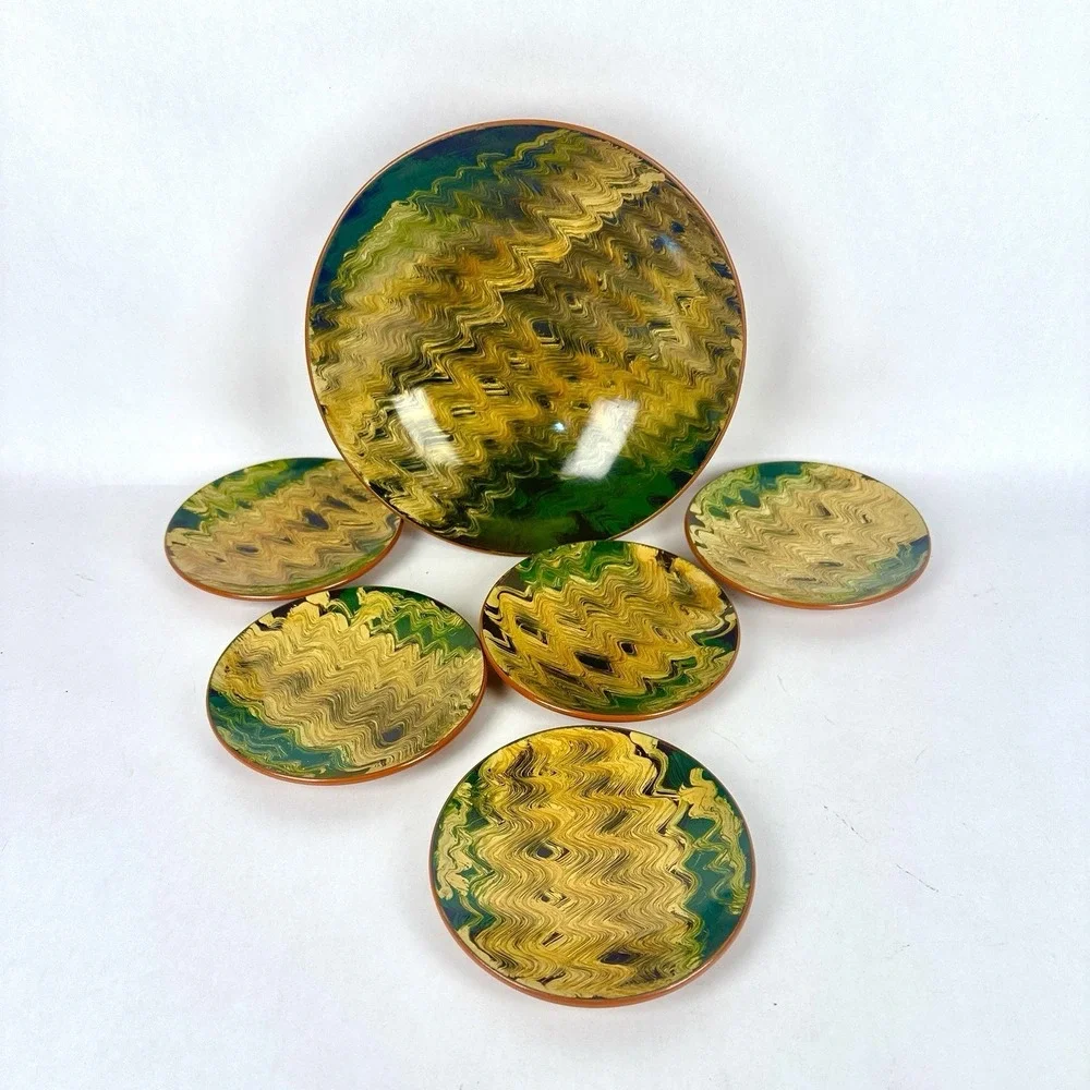 Plastic Yellow Green Brown  Marble patterned Bowl And 5 Salad Plates Melamine?